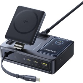 Baseus NOMOS 5in1 Desktop 140W Wired & Wireless Charger Qi2 3xUSBC+1A with LED Display UK Plug