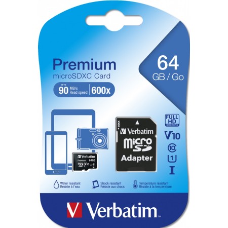 Verbatim Micro SD Card+Adapter Class10 U1 64GB